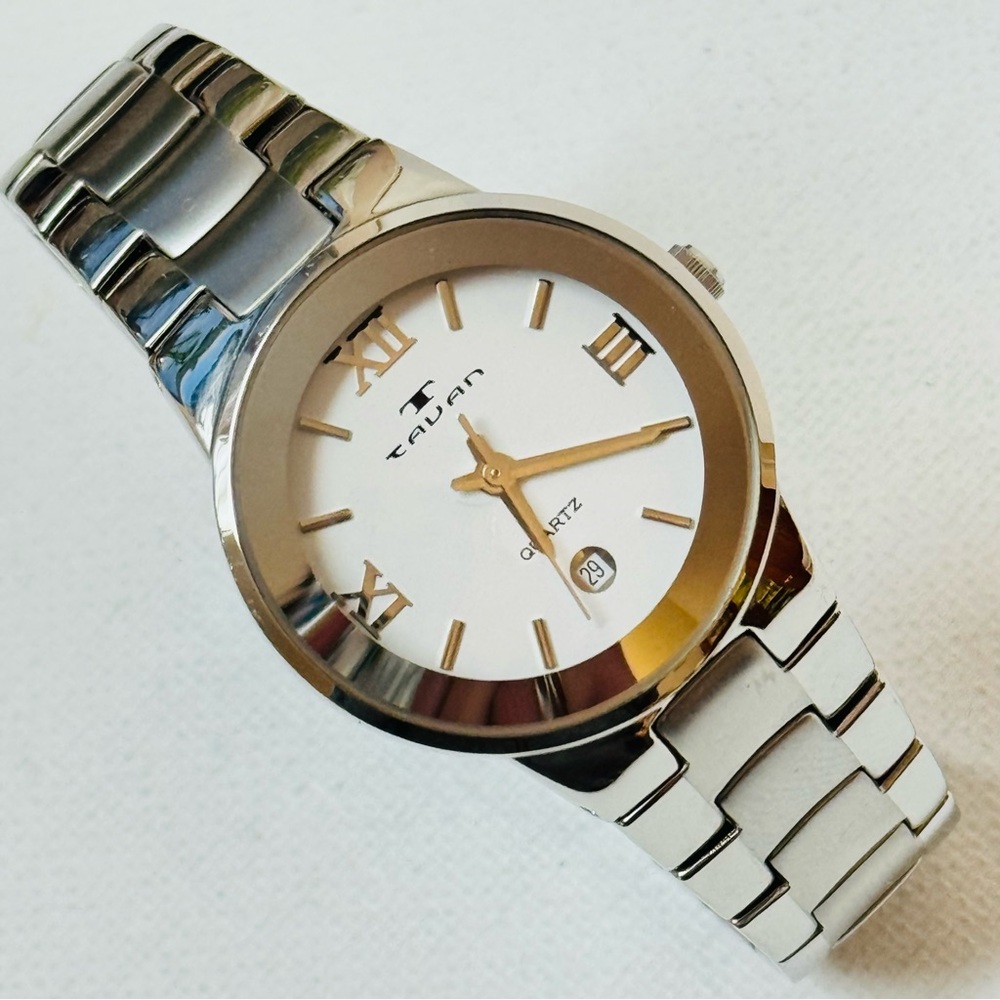 Tavan Women's Silver Stainless Date Watch 6.25" Bracelet Mirror Bezel 1174-724